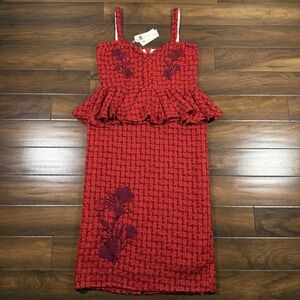Fanm Mon‎ Women's Size XL Red Embroidered Gulia Peplum Tweed Midi Pencil Dress